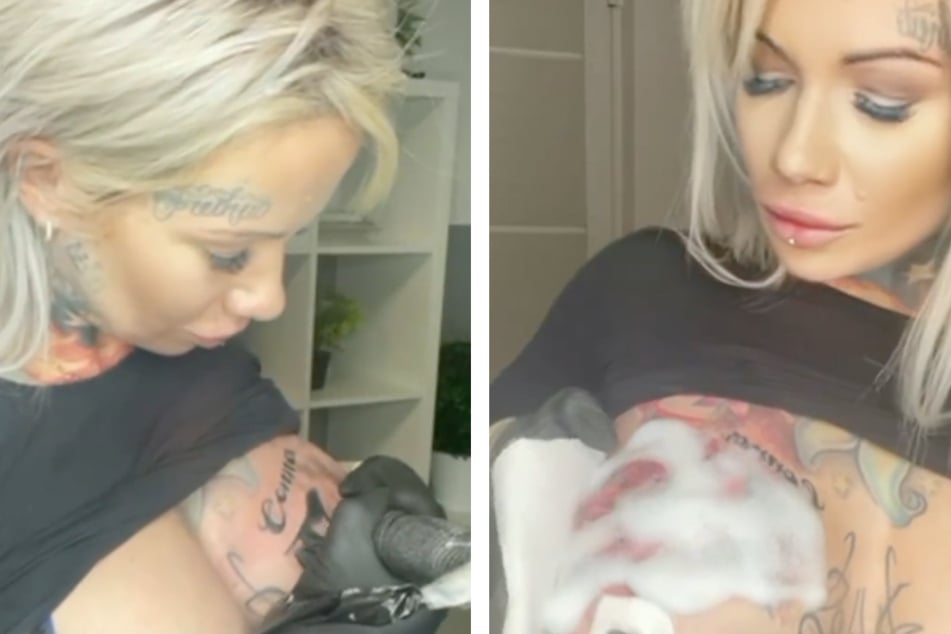 Inked mother amazingly gives herself a daring tattoo in a private area