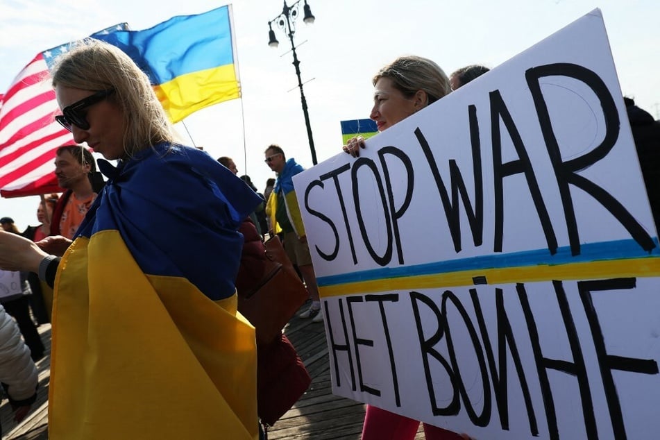 Protesters rally in support of Ukraine on the Brighton Beach Boardwalk in New York City.