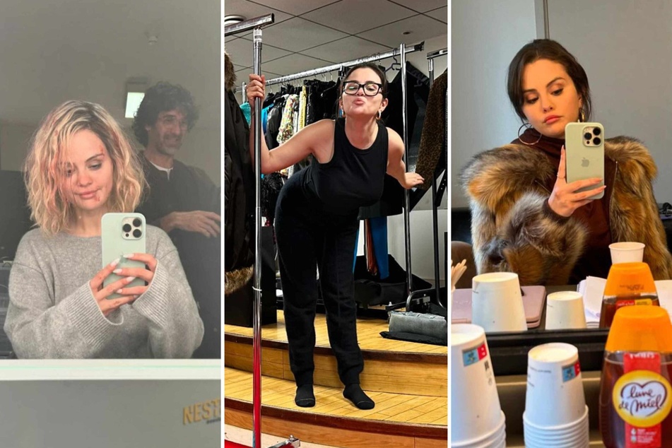 Selena Gomez's Monday Instagram post features some fabulous shots of the singer in various candid wardrobe and makeup chair selfies from the set of Emilia Perez.