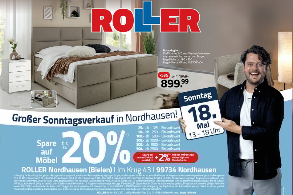 Zum verkaufsoffenen Sonntag (18.5.) bei ROLLER Nordhausen gibt's Boxspringbetten 53 Prozent günstiger.