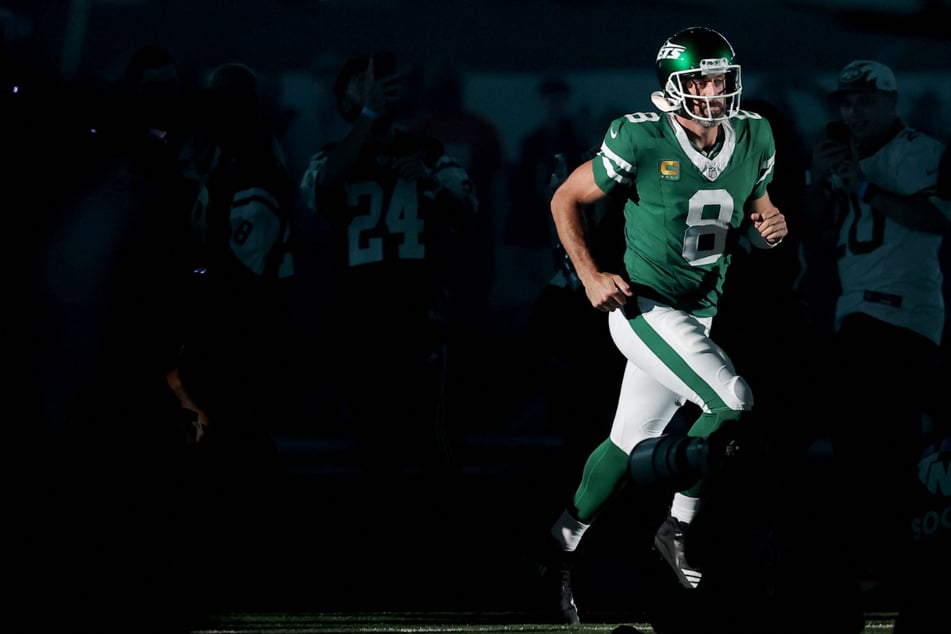 New York Jets quarterback Aaron Rodgers is introduced before the game against the New England Patriots at MetLife Stadium.