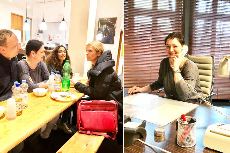 Li.: Beim gemeinsamen Essen konnte die Gewinnerin den Schauspielern Löcher in den Bauch fragen. Re.: Uta Lauer nahm das Set der TV-Serie unter die Lupe.