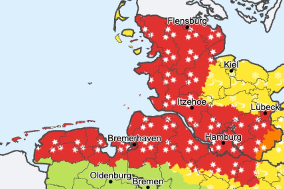 In den rot markierten Bereichen muss sich ab Freitagfrüh auf starke Schneeverwehungen eingestellt werden.