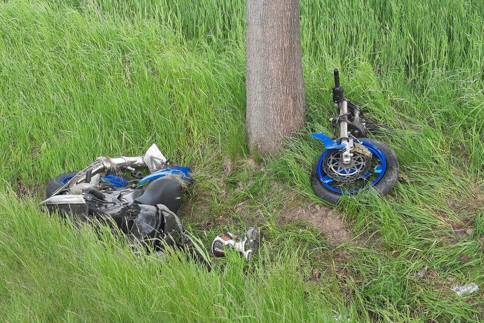 Das blaue Motorrad krachte nach der Kollision gegen einen Baum und zerriss in zwei Teile.