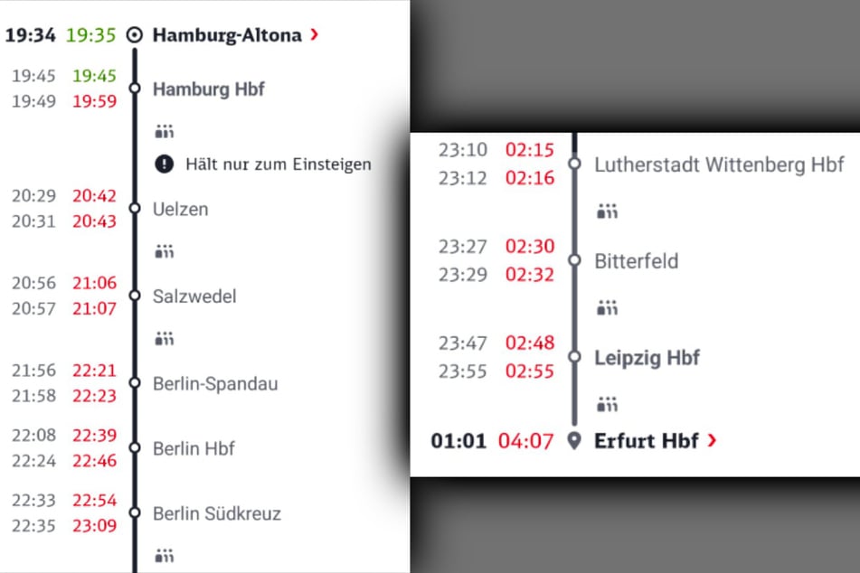Der gesamte Fahrtverlauf des ICE 609 vom 8. zum 9. Juni 2026.