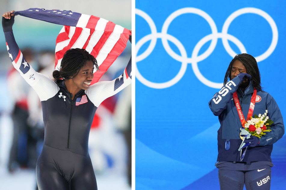 Erin Jackson after her win in the women's 500-meter race at the Beijing 2022 Olympic Winter Games.