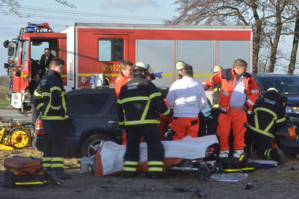 Retter der Feuerwehr bergen die Verletzten nach dem Unfall in Ochsenwerder.