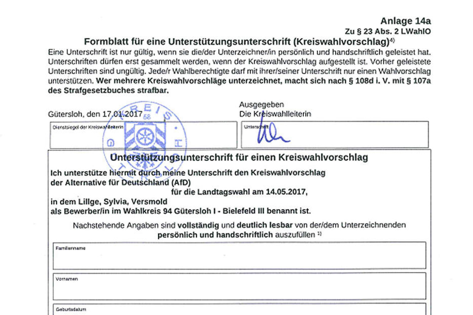 Mit dieser Unterschriftenliste zog Sylvia Lillge durch den Kreis Gütersloh, um Unterstützer für ihre Kandidatur für den Landtag zu finden.