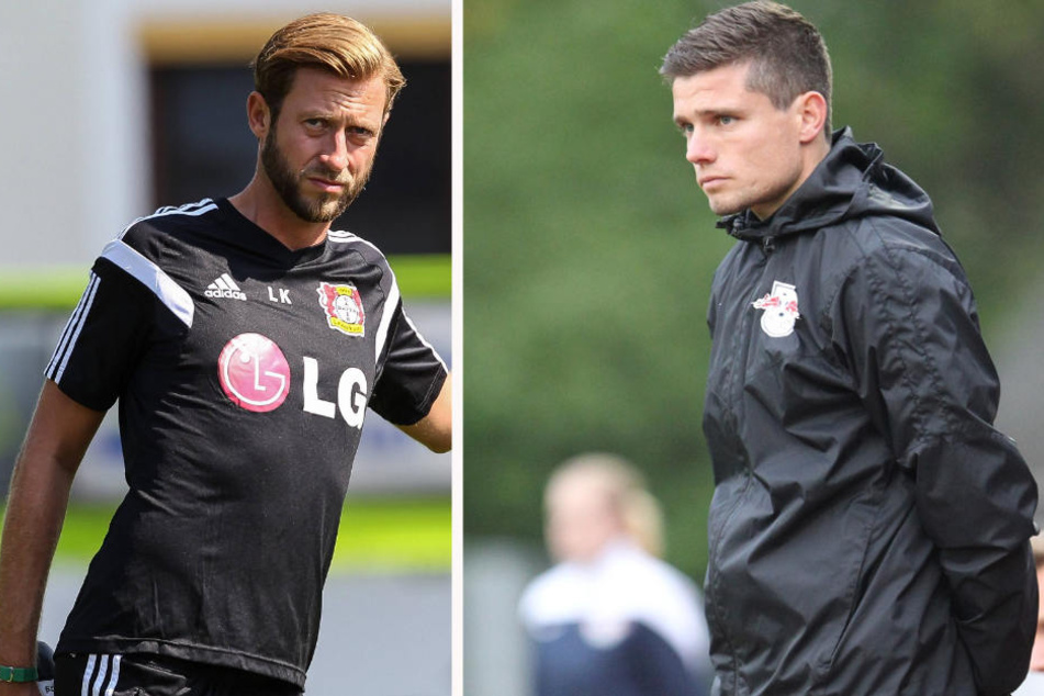 Neben Leverkusens Co-Trainer Lars Kornetka (40, l.) soll auch der aktuelle Leipziger U19-Trainer Robert Klauß (33, r.) neben dem neuen Chefcoach der Roten Bullen arbeiten.