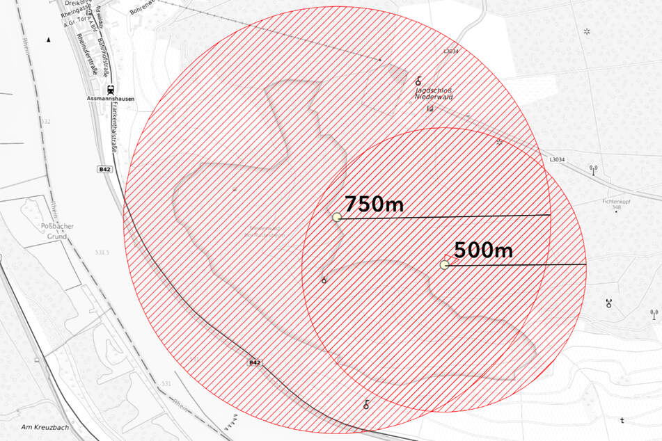 Die Grafik zeigt die Sperrgebiete, die infolge der Bombenfunde bei Rüdesheim am Rhein festgelegt wurden.