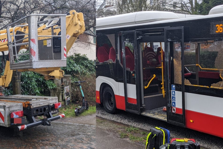 Drei Verletzte! Lastwagen mit Arbeitskorb kracht beim Einparken gegen Linienbus