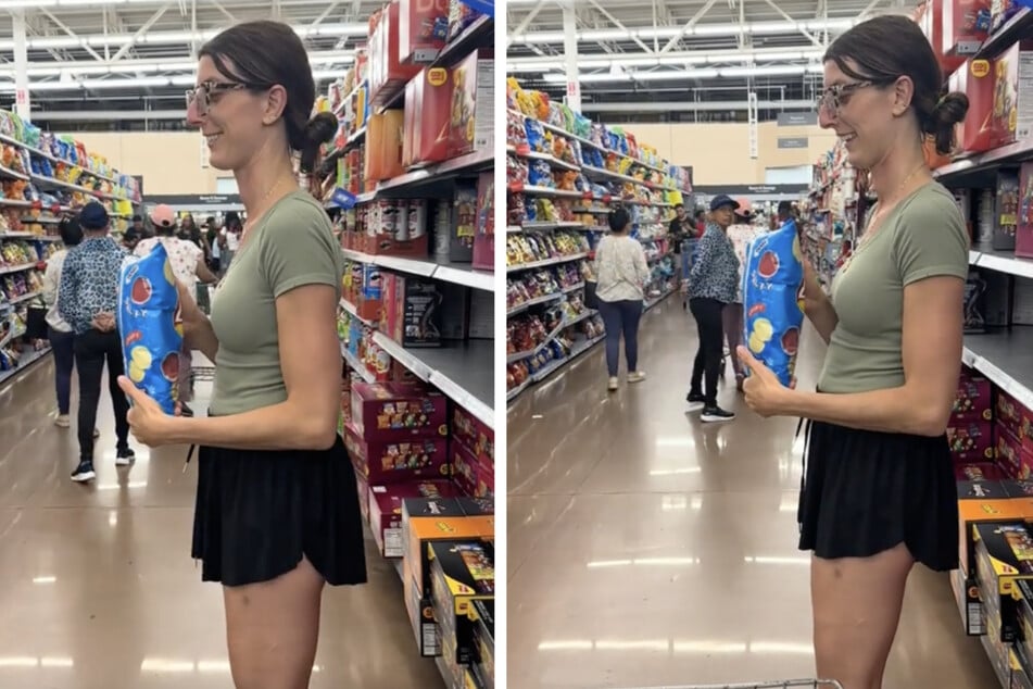Diese Frau hält eine Tüte Chips in der Hand - und ihr Körper lehnt sich nach hinten.