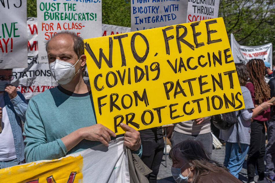 Protesters demanded the suspension of vaccine patents during an International Labour Day event in New York.