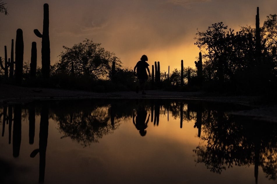 A boy's silhouette is reflected in a pool of water from a passing storm as he walks along a trail past Saguaro cacti in Tucson, Arizona.