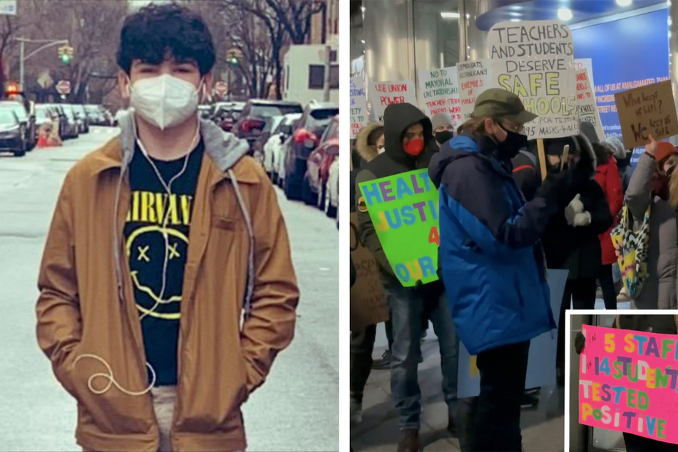 Theo Demel (l.) is a 14-year-old youth activist who has led students rallying (r.) for more Covid-19 safety precautions in New York City Schools.