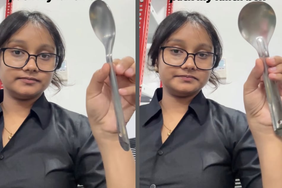 Der Papa hatte seiner Tochter statt eines normalen Esslöffels einen riesiges Servierbesteck mitgegeben.
