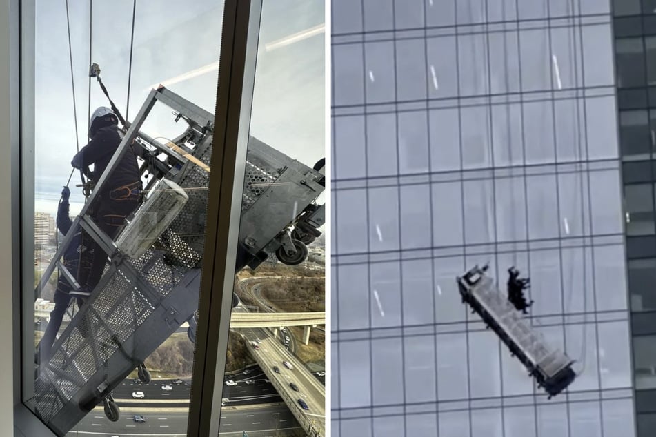 Der defekte Korb baumelte samt Fensterputzern in schwindelerregender Höhe.