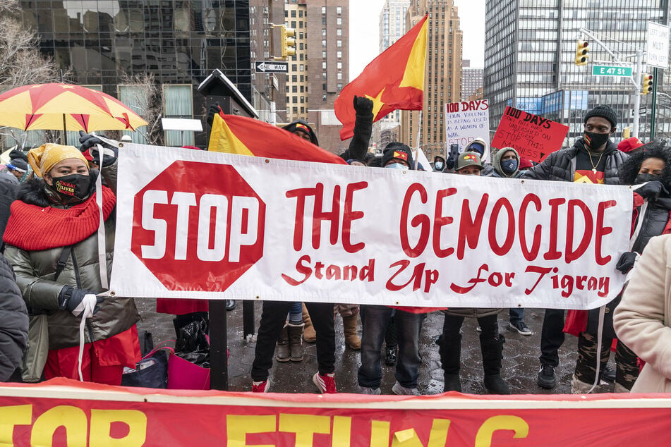 Demonstrators in New York gathered to protest 100 Days of Tigray Genocide in February 2021.