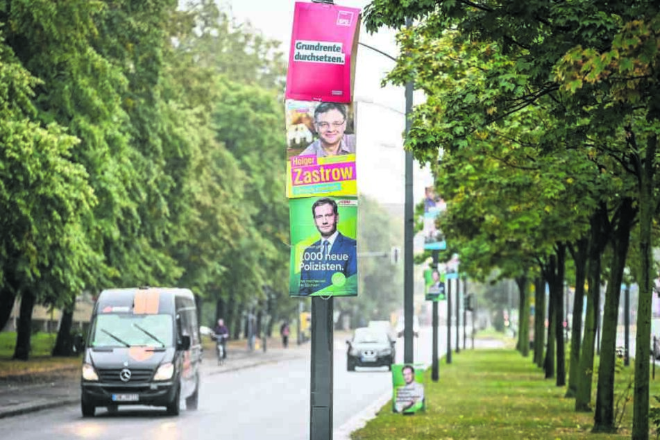 Die schwarz-gelb-rote Koalition der Plakatsünder: An diesem Mast haben die Ordnungshüter alle Hände voll zu tun.