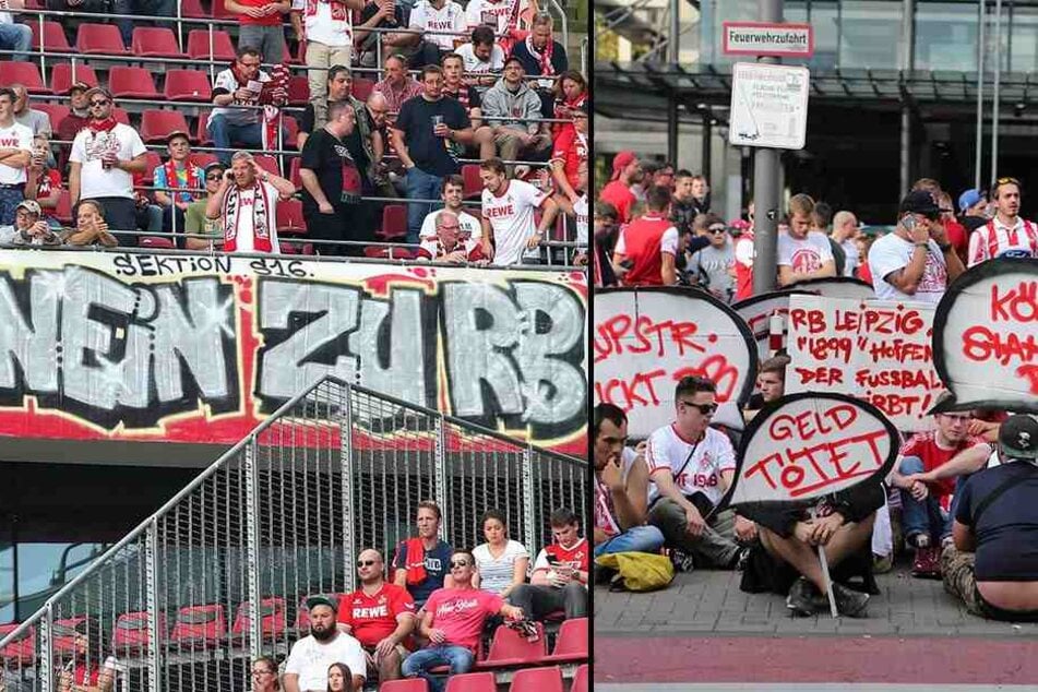 Köln-Fans blockierten die Einfahrt ins Stadion (r.). Es kam zu Verzögerungen, das Spiel musste später angepfiffen werden. Auch im Stadion gab es Plakate gegen RB Leipzig.
