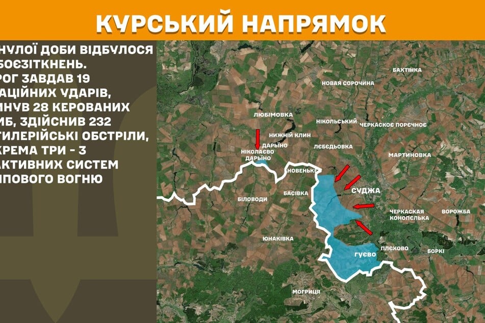 Auf einer Karte die vom ukrainischen Generalstab geteilt wurde, ist die Stoßrichtung der Russen im Raum Kursk eingezeichnet. Das blaue Gebiet wird noch von Ukraine gehalten.