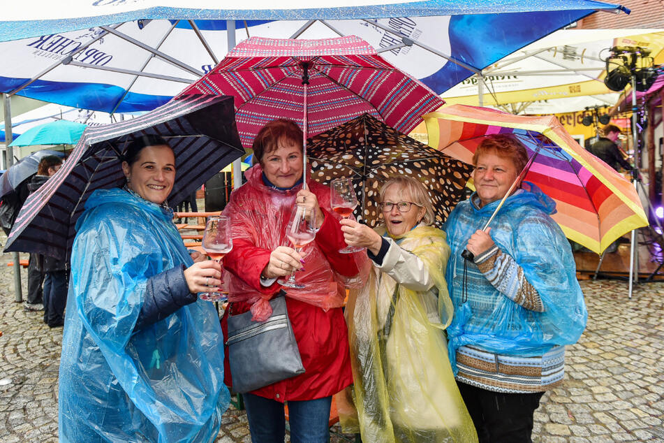 Claudia Wendler (36), Heike Wendler (57), Regina Zimmer (71) und Elke Krohn (62, v.l.) kommen jedes Jahr aus Raschau im Erzgebirge mit dem Bus zum Weinfest. Sie haben da Spaß - auch bei Regen.