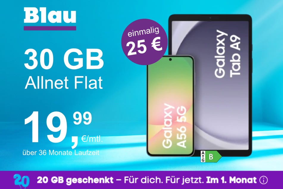 Das Samsung Galaxy A56 + Tab A9 im Blau Allnet L für einmalig 25 Euro.