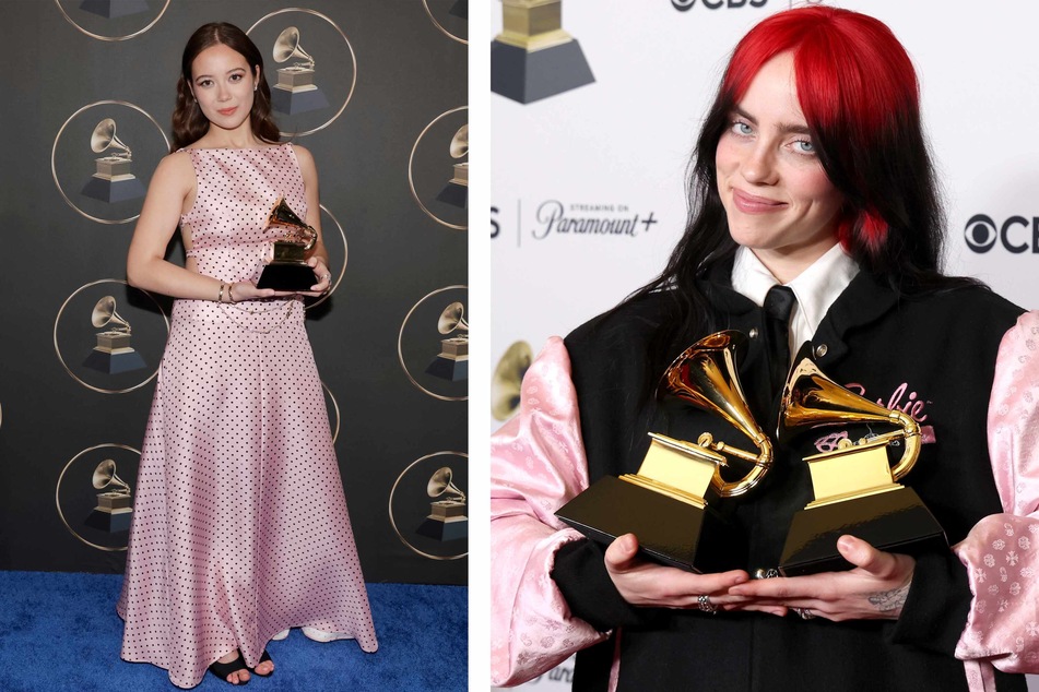 Billie Eilish (r.) and Laufey rocked pink Barbie-inspired looks for the Grammy Awards.