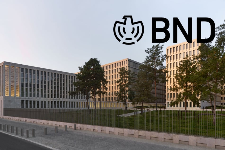 Hauptsitz des Bundesnachrichtendienstes in Berlin und offizielles Logo.