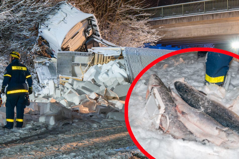 20 Tonnen Lachs auf der A93: Schneeglatte Straße wird Lkw zum Verhängnis