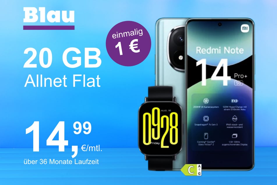 Das Xiaomi Redmi Note 14 Pro Plus + Watch 5 Active im Blau Allnet M für einmalig 1 Euro.