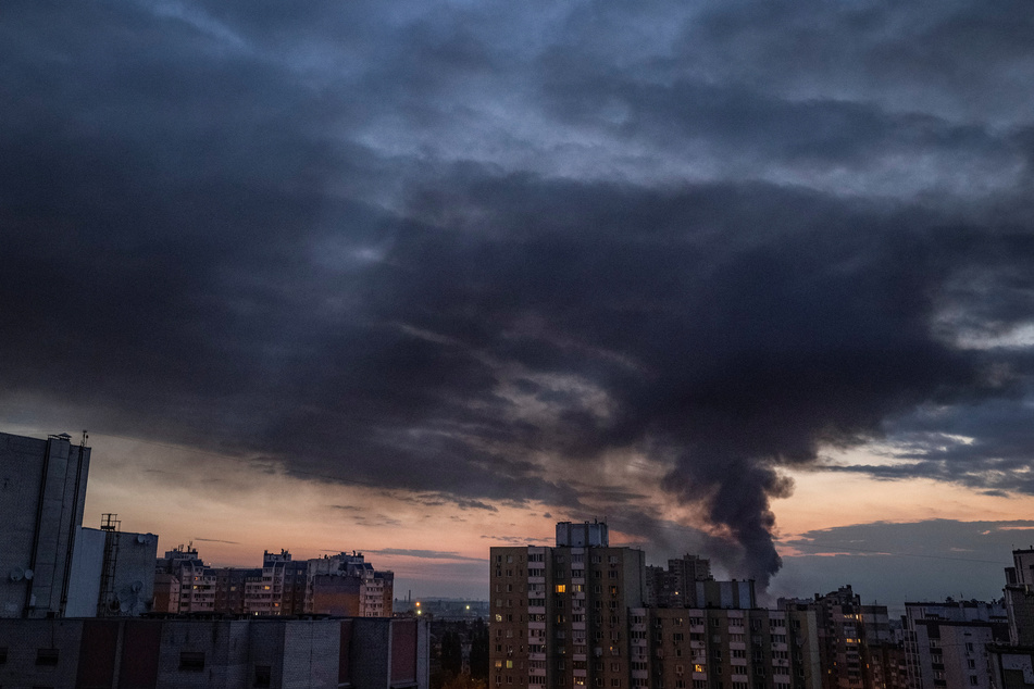 Smoke rises into the sky over Kyiv, Ukraine, after a Russian missile strike on September 21, 2023.