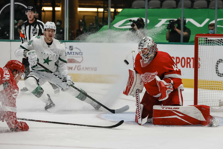 Red Wings goaltender Jonathan Bernier makes a save, but it wasn't enough against the Stars as Detroit lost 5-2 on Tuesday