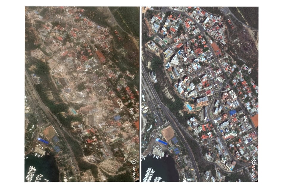 Diese von Vantor zur Verfügung gestellten Bilder zeigen die Lage in Playa Grande vor und nach den Erdbeben.