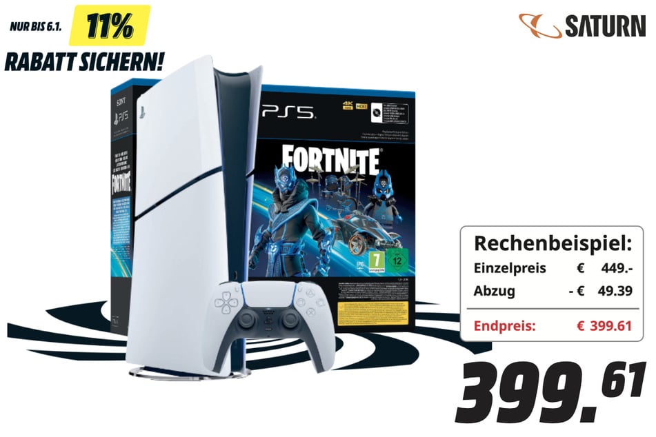 Sony PlayStation 5 Slim im Fortnite Cobalt Star Bundle für 399,61 Euro.