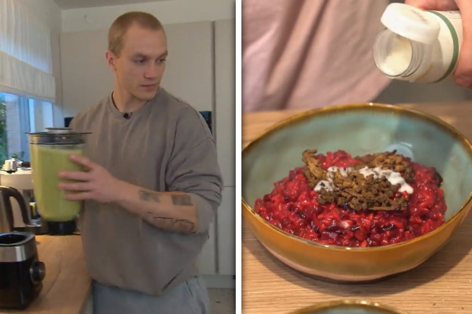 Chris (29) will vor allem mit seinem knalligen Rote-Beete-Risotto mit knusprigem Tofu überzeugen.