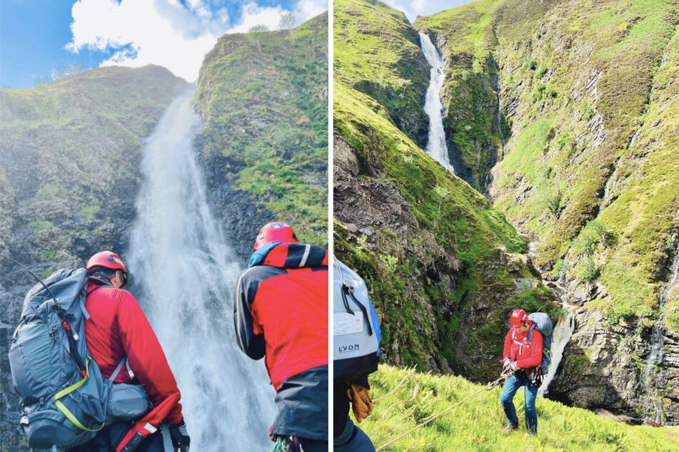 Mit rund 60 Metern Höhe ist der Grey Mare's Tail einer der höchsten Wasserfälle in Großbritannien. Ein Bergretter seilte sich eines der Becken hinab.