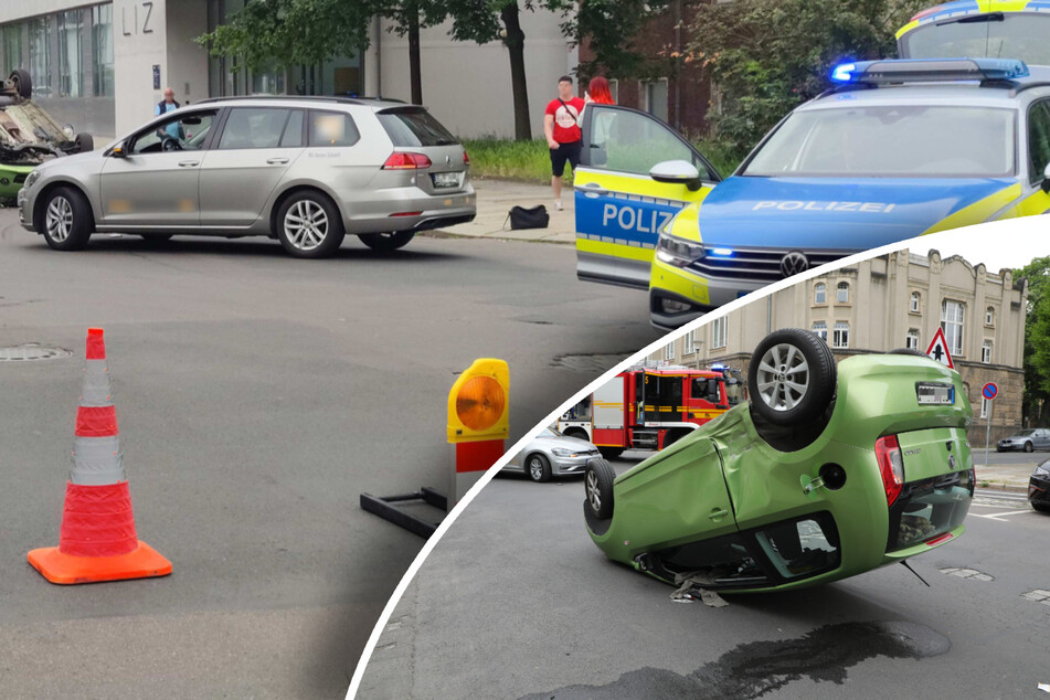 Unfall in der Johannstadt: Skoda wird gerammt und überschlägt sich - Fahrerin landet im Krankenhaus