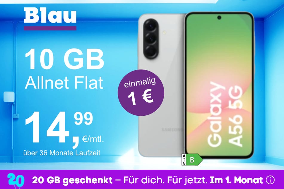 Das Samsung Galaxy A56 5G im Blau Allnet S für einmalig 1 Euro.