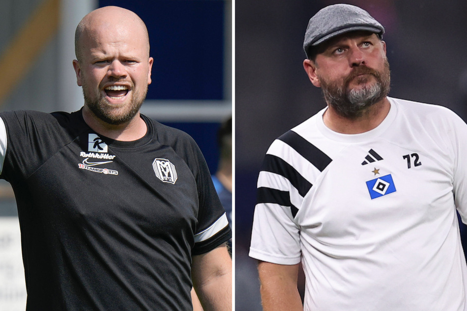 Das Duell an der Seitenlinie: HSV-Coach Steffen Baumgart (52, r.) gegen Meppen-Trainer Lucas Beniermann (34). Für Letzteren ist es das erste Spiel.