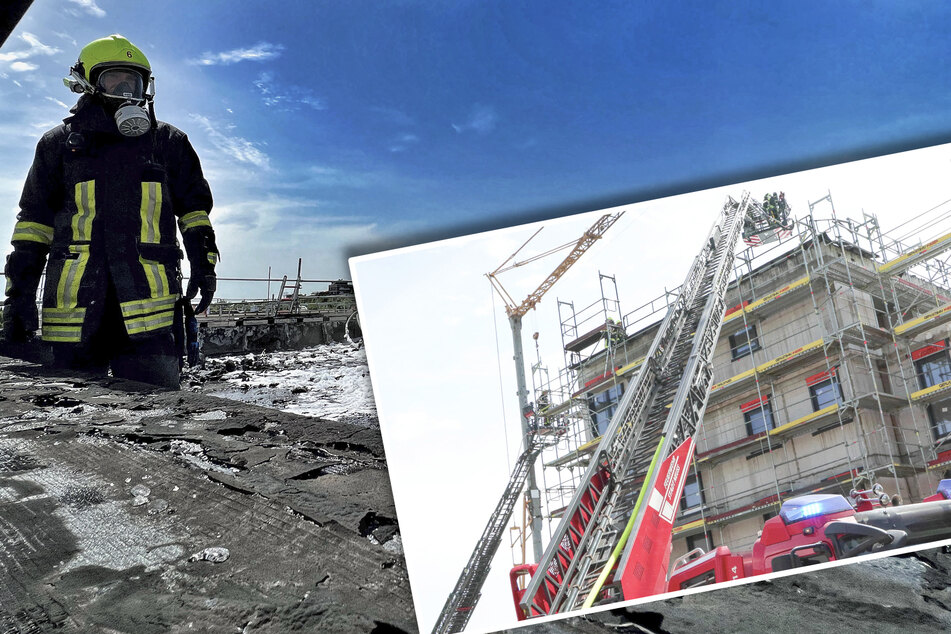 Flachdach eines Rohbaus steht in Flammen: Feuerwehrleute leiden unter der Hitze