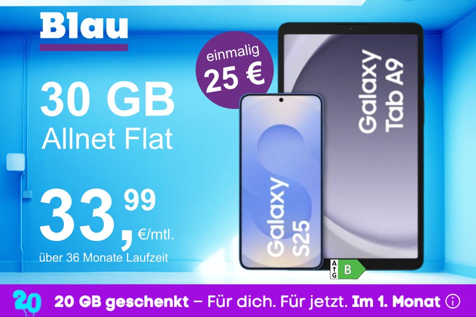 Das Samsung Galaxy S25 + Galaxy Tab A9 im Blau Allnet L für einmalig 25 Euro.