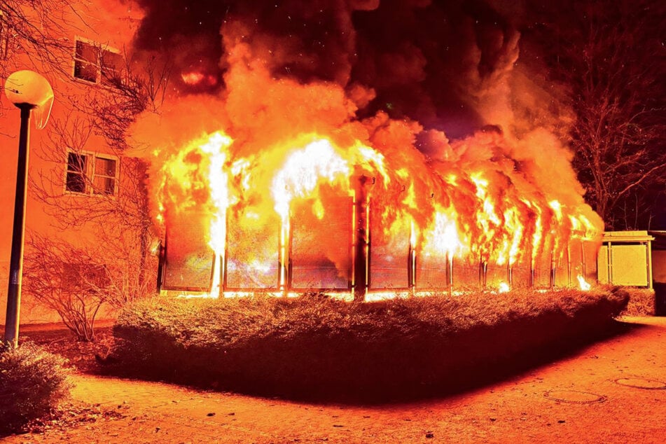 Das Mülltonnenhaus brannte lichterloh. Eine nahe Laterne (l.) wurde durch die enorme Hitze beschädigt.