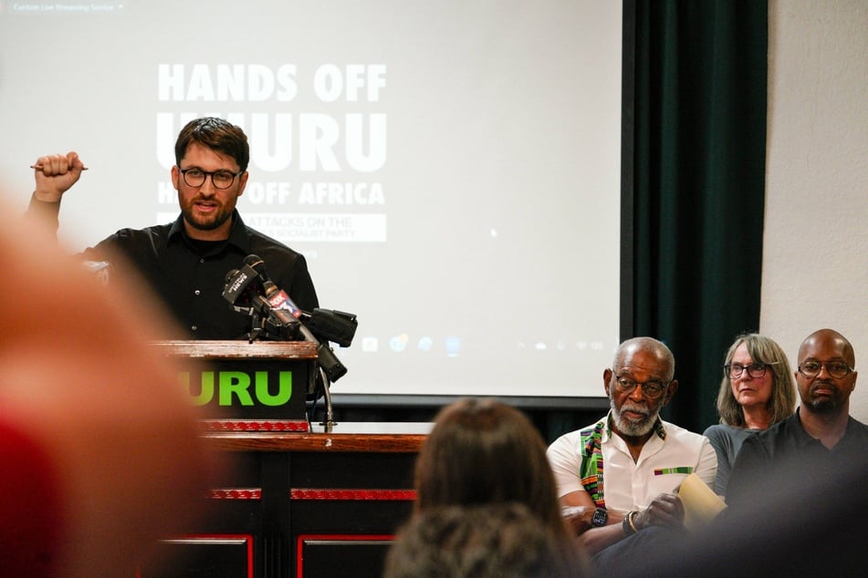 Uhuru Solidarity Movement Chair Jesse Nevel, one of the "Uhuru Three," gives a defiant statement to the media following his indictment.