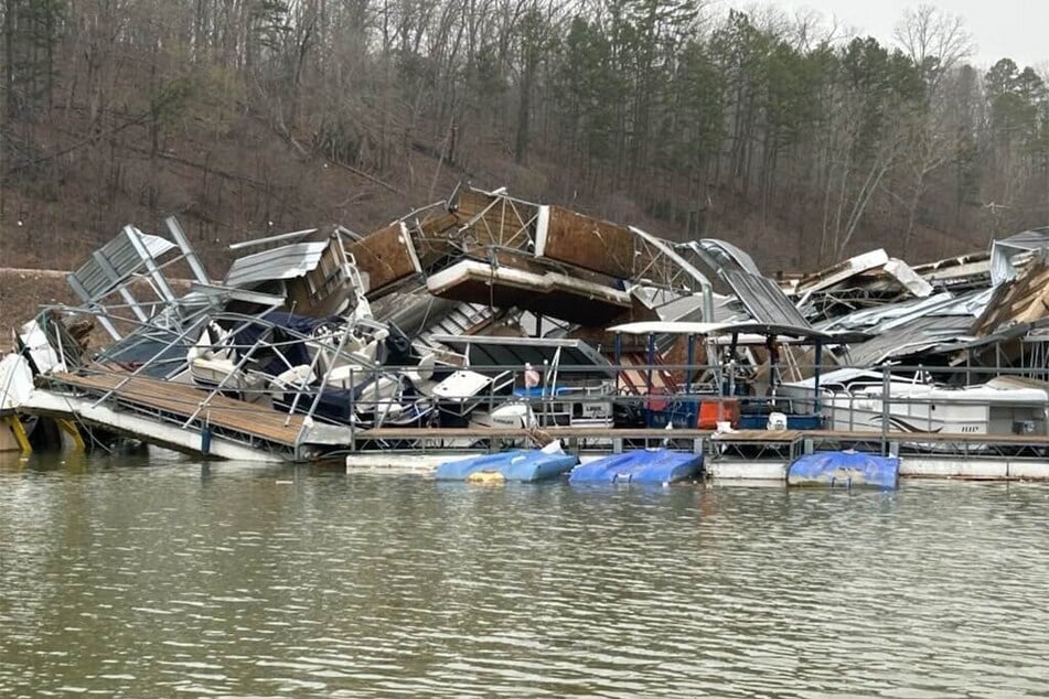 A damaged marina on Clearwater Lake, near Piedmont, Missouri, is pictured after severe storms hit the area.