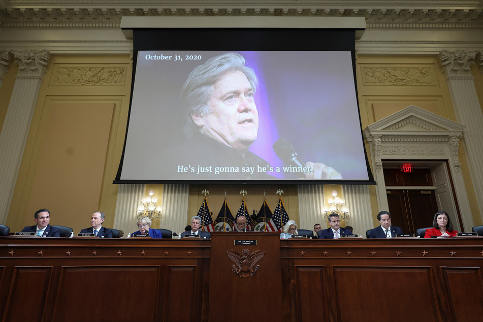 A video of Steve Bannon, former adviser to ex-president Donald Trump, is played during a hearing by the House Select Committee to Investigate the January 6th Attack on the US Capitol.