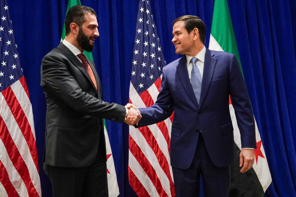 US Secretary of State Marco Rubio (R) meets with Syrian President Ahmed al-Sharaa (L) at the Lotte New York Palace Hotel on the sidelines of the UN General Assembly meeting in New York City on September 22, 2025.