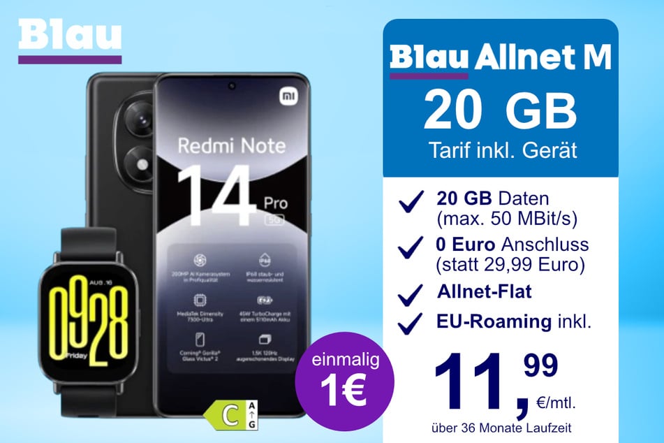 Das Xiaomi Redmi Note 14 Pro + Watch 5 Active im Blau Allnet M für einmalig 1 Euro.
