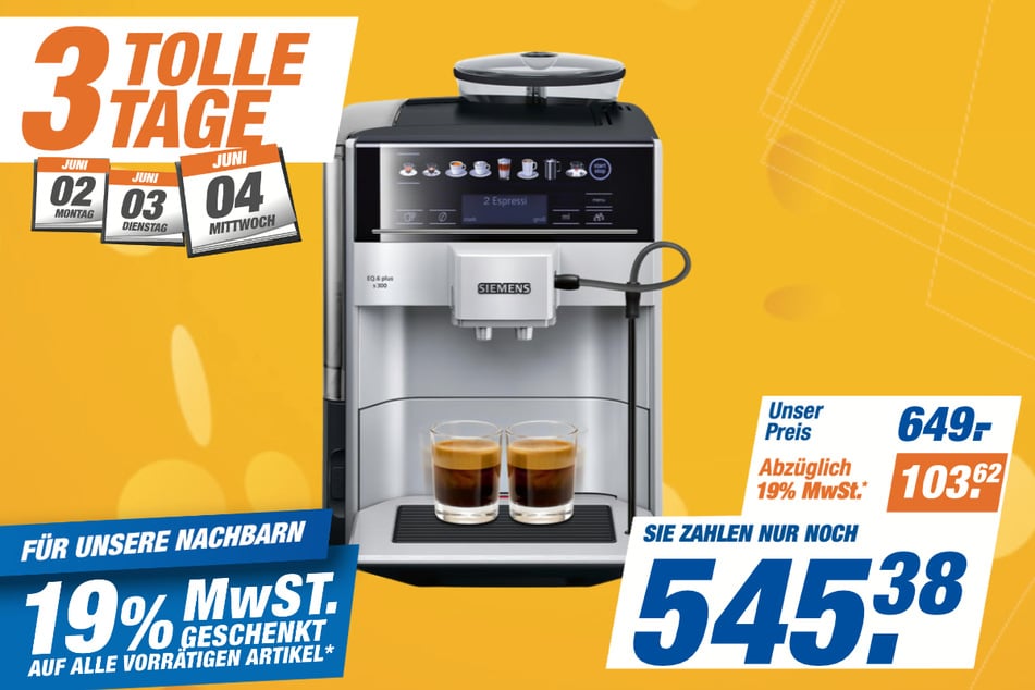Siemens-Kaffeevollautomat für 545,38 statt 649 Euro.