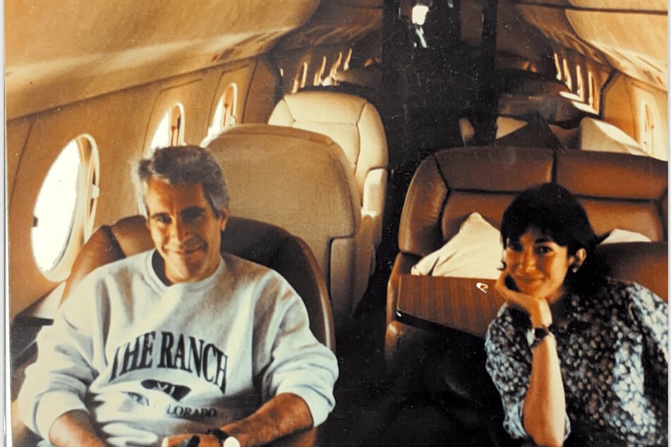 An undated photo of notorious sex trafficker Jeffrey Epstein (l.) and his convicted co-conspirator Ghislaine Maxwell aboard a jet.
